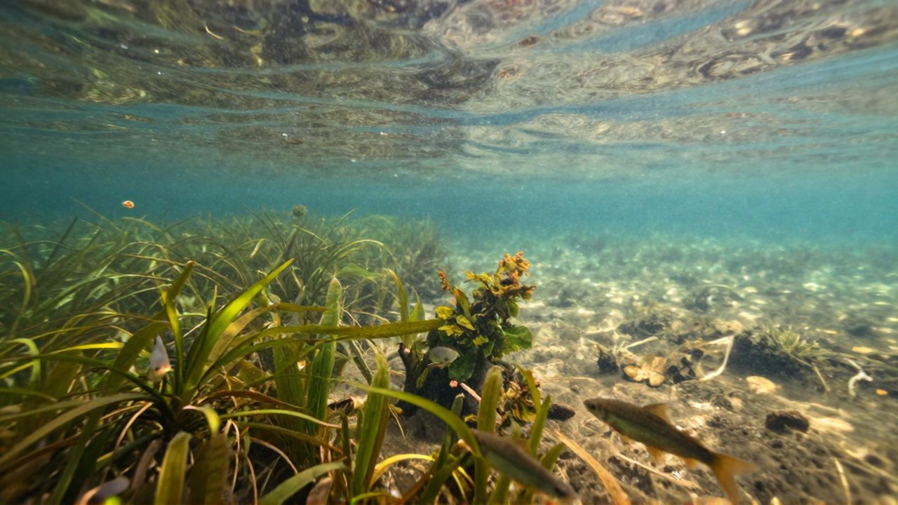 Peces pequeños nadan entre vegetación acuática verde bajo rayos de luz solar en un lago.