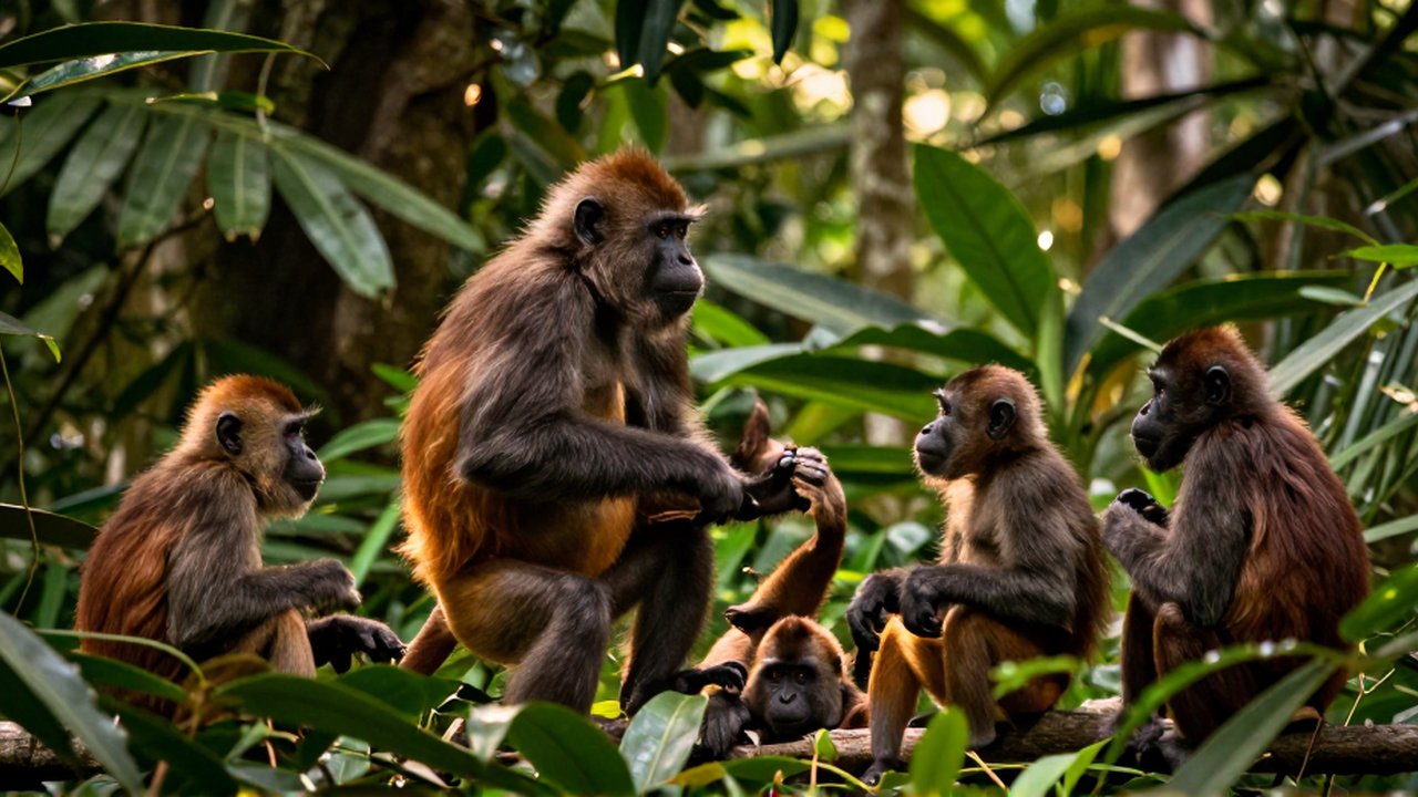 Grupo de primates interactuando entre la vegetación densa de un bosque tropical.