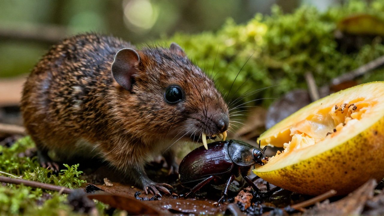 Un pequeño mamífero insectívoro perfora el exoesqueleto de un escarabajo sobre un suelo de bosque húmedo.