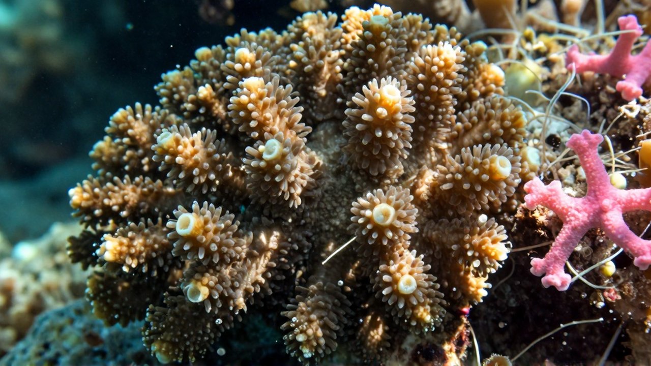 Primer plano de una colonia de corales con pólipos de tentáculos traslúcidos en agua clara.