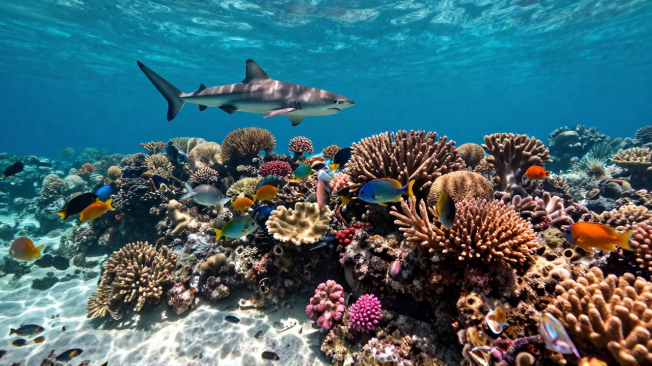 Un tiburón de arrecife nada sobre un banco de peces de colores y corales diversos.