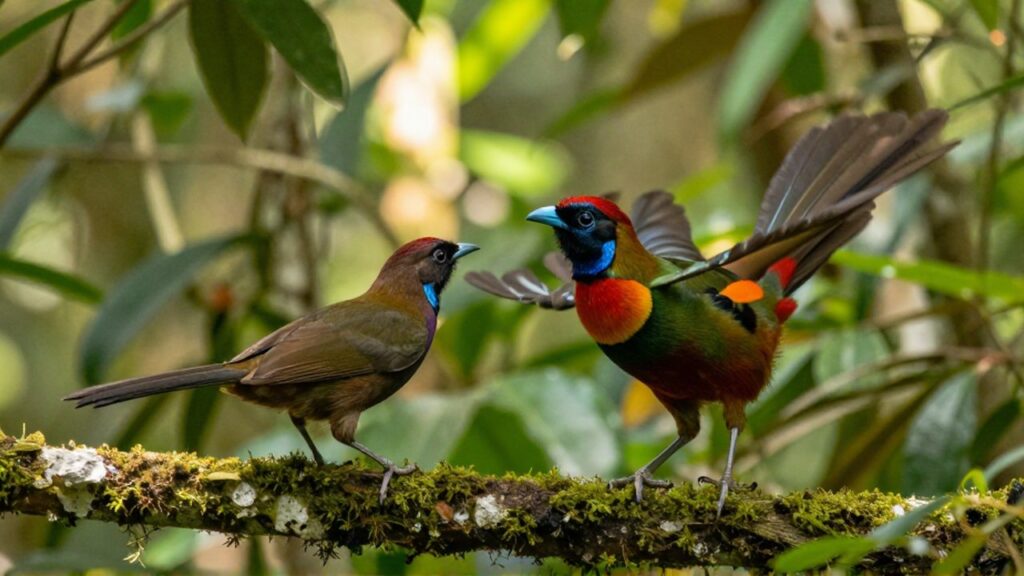 Dos aves coloridas realizan un ritual de cortejo sobre una rama con musgo en la selva.