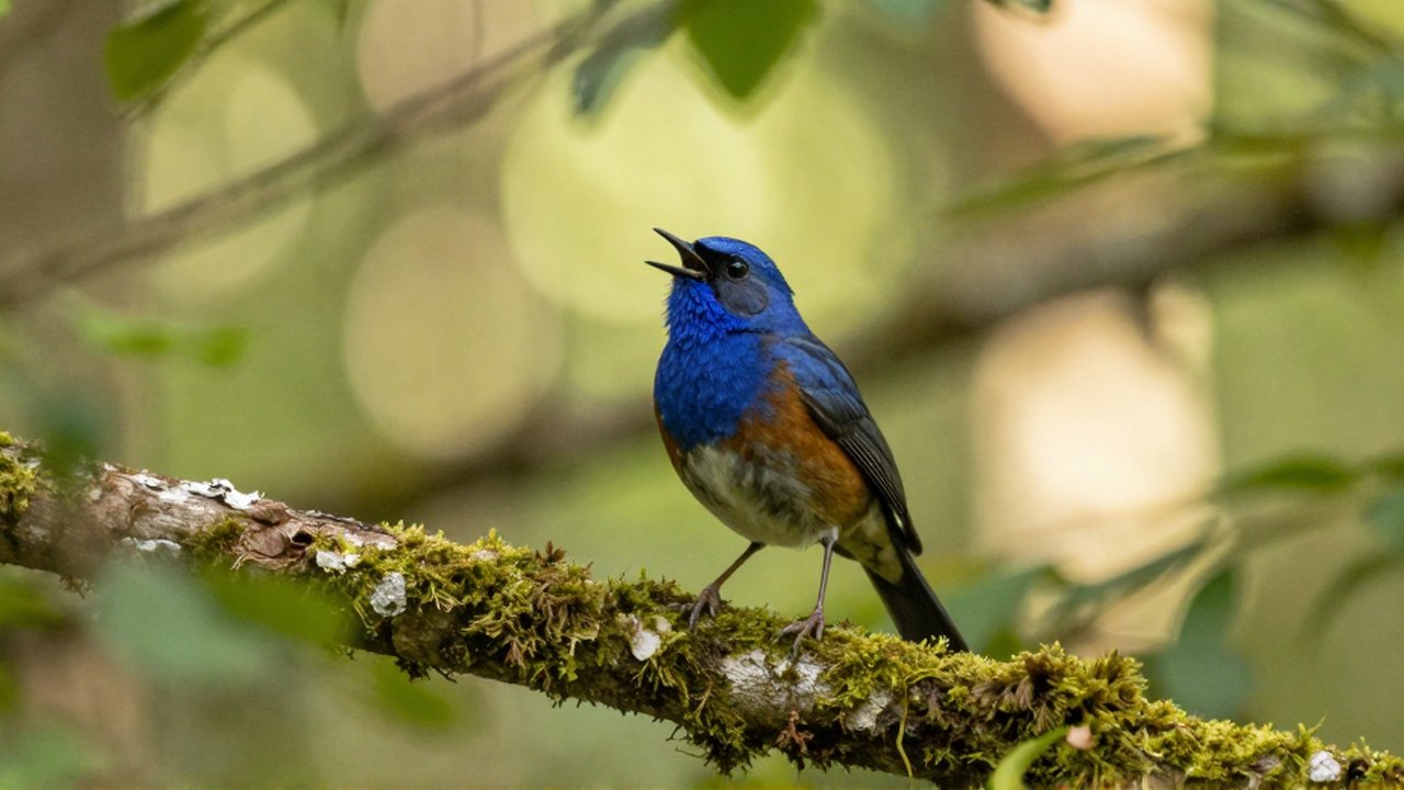Un pájaro colorido con el pico abierto posado en una rama con musgo en un bosque.
