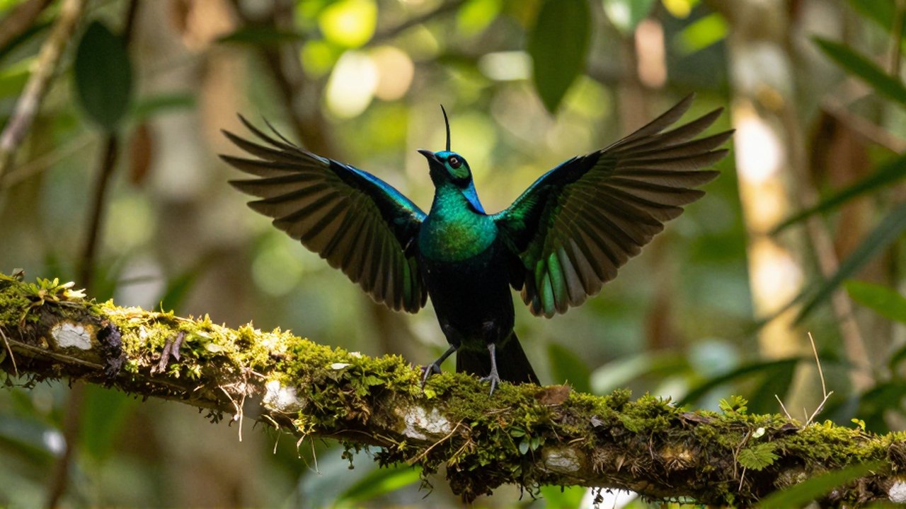 Un ave de plumaje azul y verde brillante despliega sus alas sobre una rama con musgo.