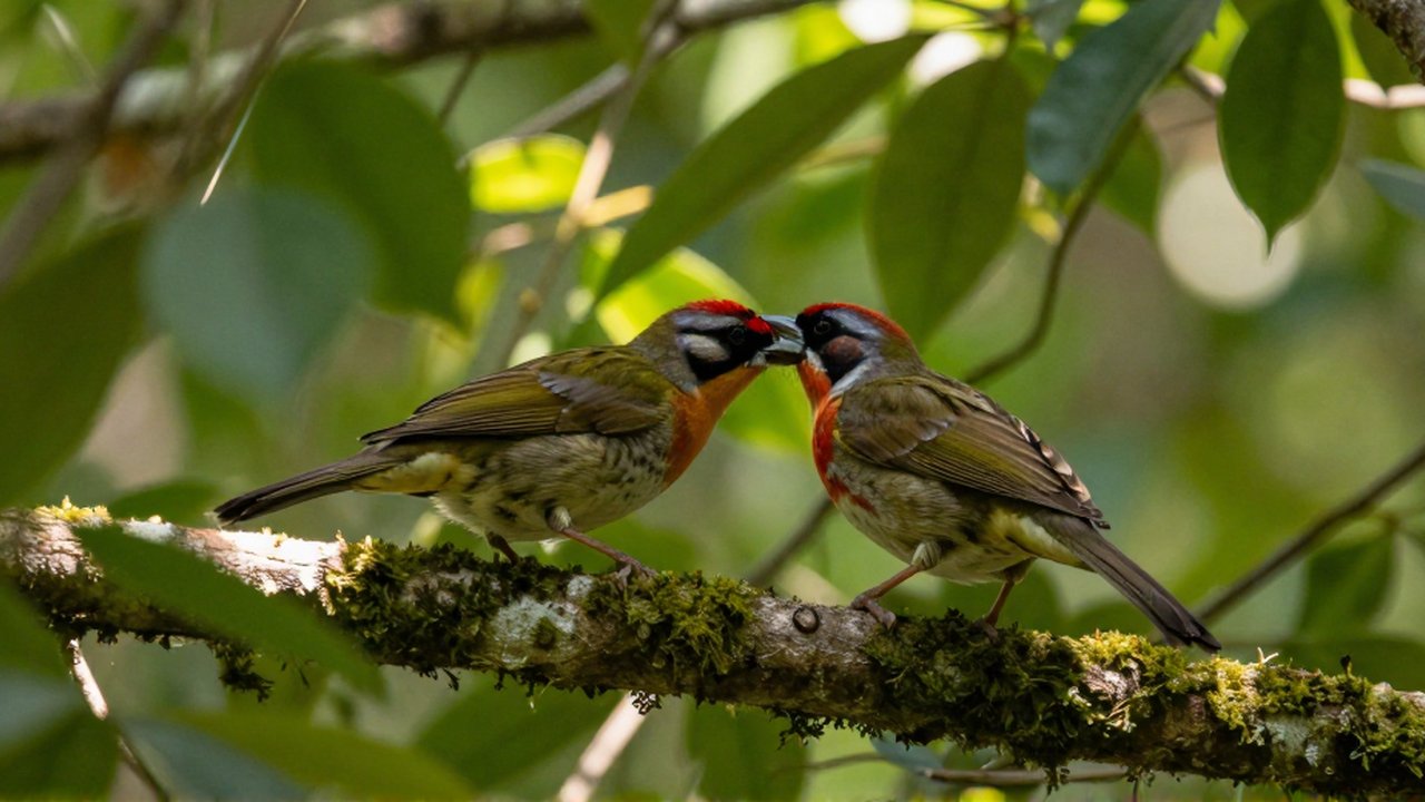 Dos aves coloridas se acicalan mutuamente sobre una rama con musgo en un bosque denso.
