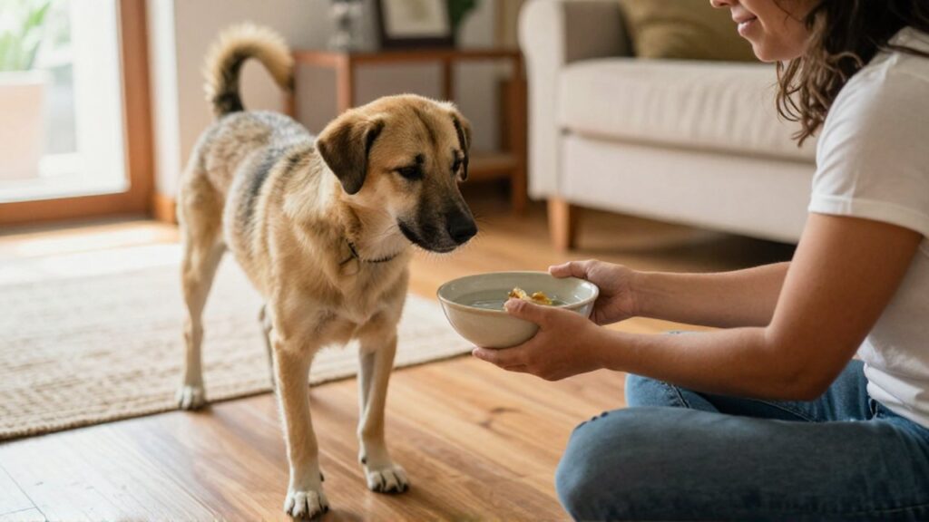 Una persona sentada en el suelo ofrece agua y comida a un perro en una sala iluminada.
