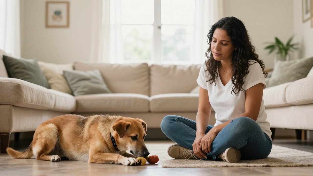 Una mujer sentada en el suelo de una sala observa a un perro mestizo que olisquea un juguete.