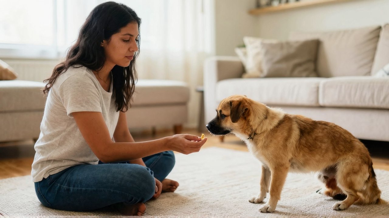 Una mujer ofrece un trozo de comida a un perro que se acerca con cautela en una sala luminosa.