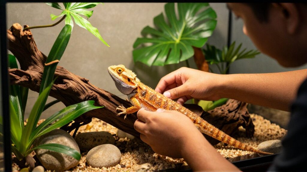 Una persona ajusta la vegetación de un terrario natural donde descansa un dragón barbudo.