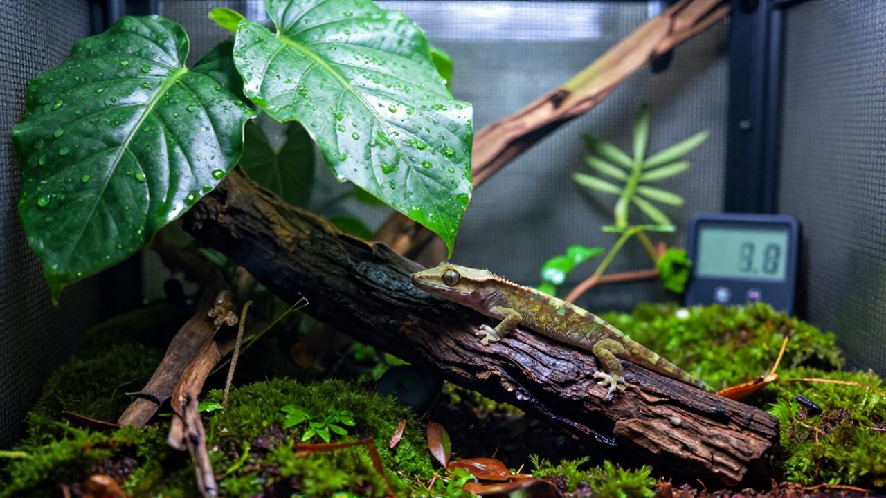 Un pequeño gecko crestado descansa sobre una corteza entre musgo verde y hojas húmedas.