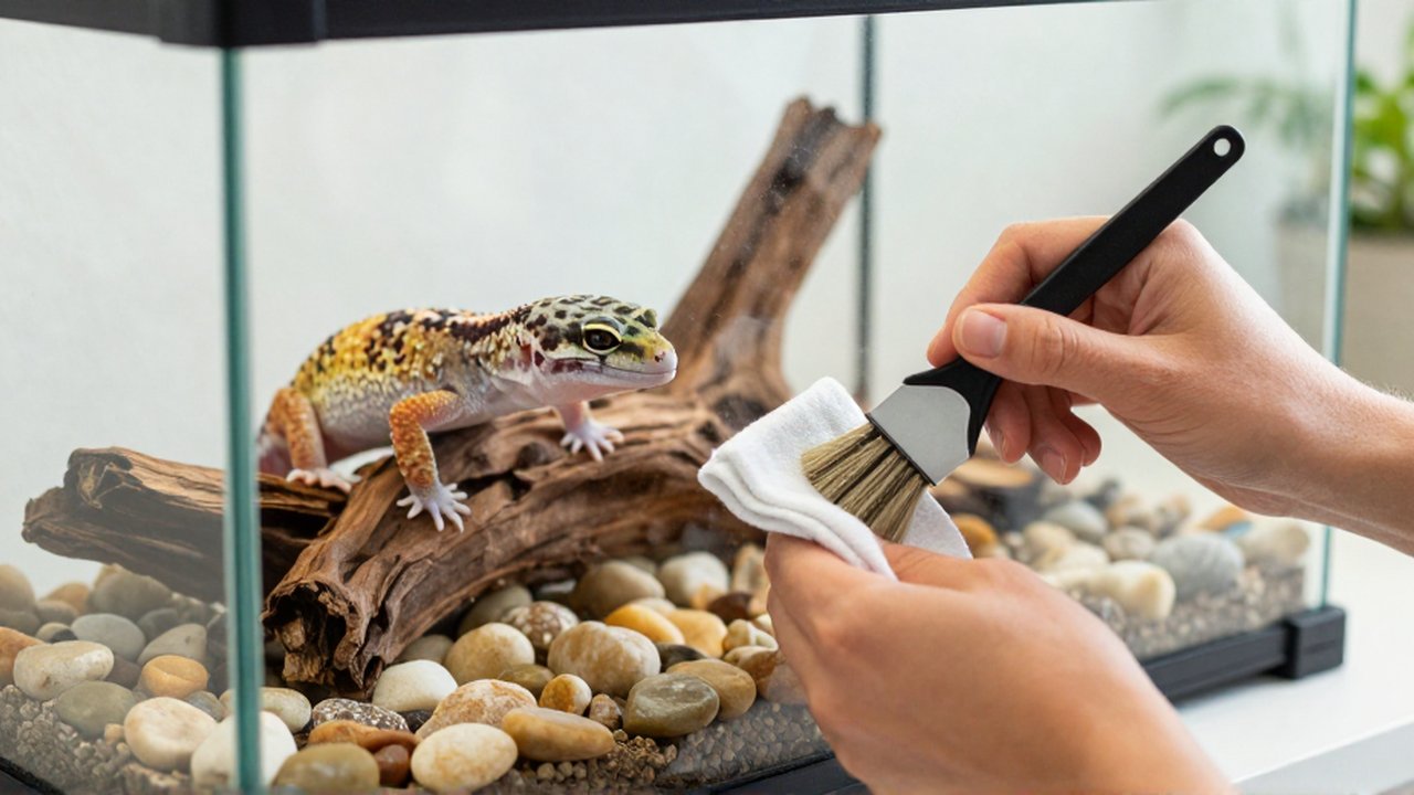 Unas manos limpian un terrario con un pincel y un paño mientras un gecko leopardo observa sobre una madera.