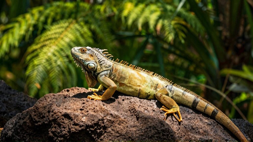 Una iguana verde descansa sobre una roca volcánica rodeada de hojas de helecho.