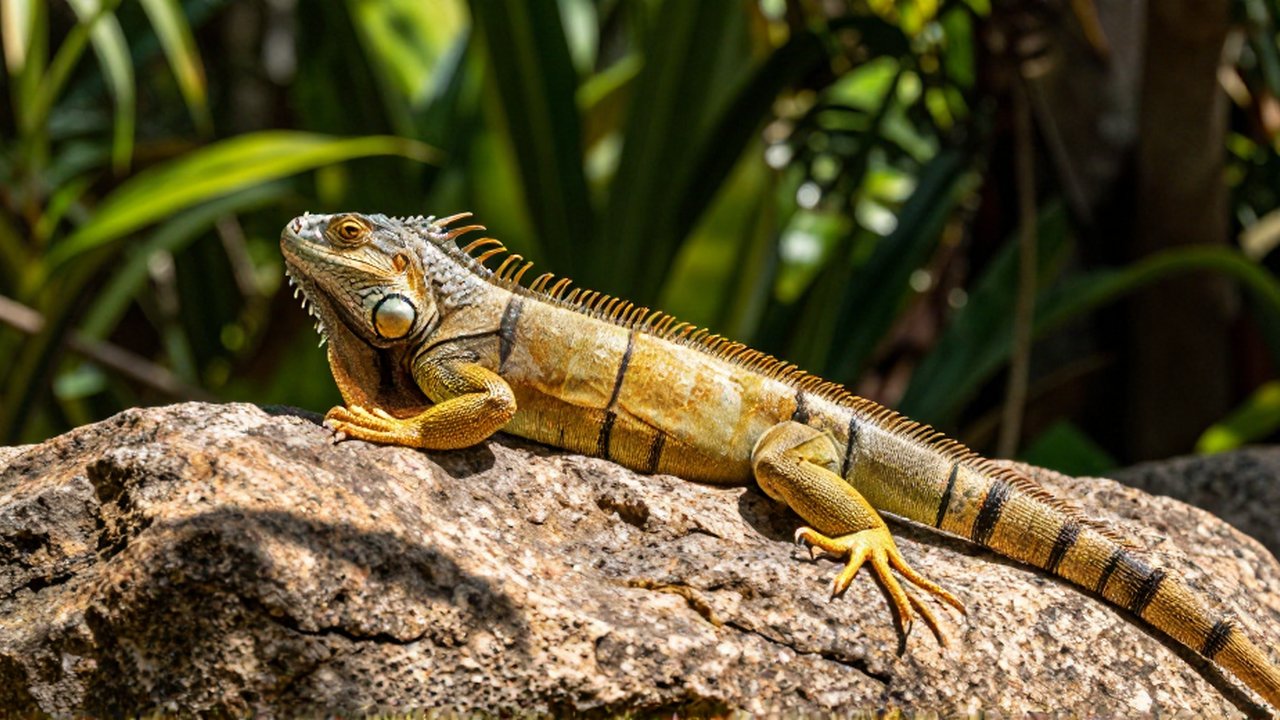 Una iguana verde descansa sobre una roca de granito rodeada de follaje tropical.