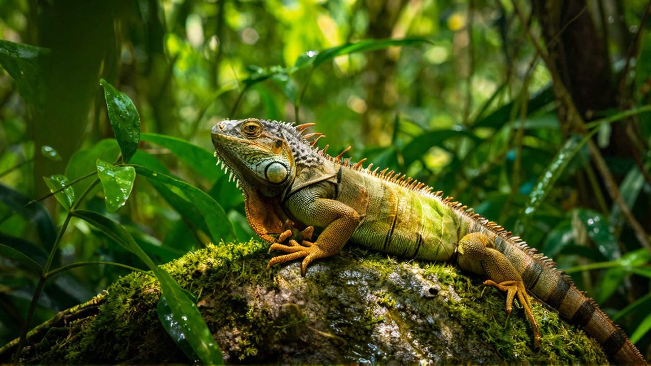 Una iguana verde descansa sobre una roca con musgo entre follaje tropical húmedo.