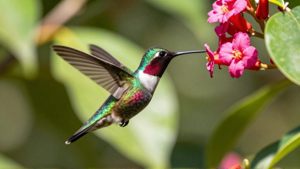 Colibrí de plumas esmeralda y rubí revolotea frente a flores tropicales en una selva verde.