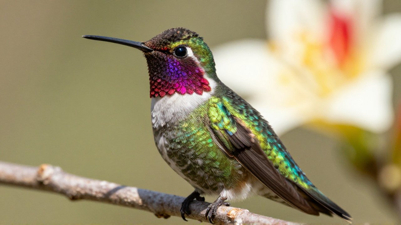 Colibrí de plumaje iridiscente verde, violeta y rojo posado sobre una rama con flores.