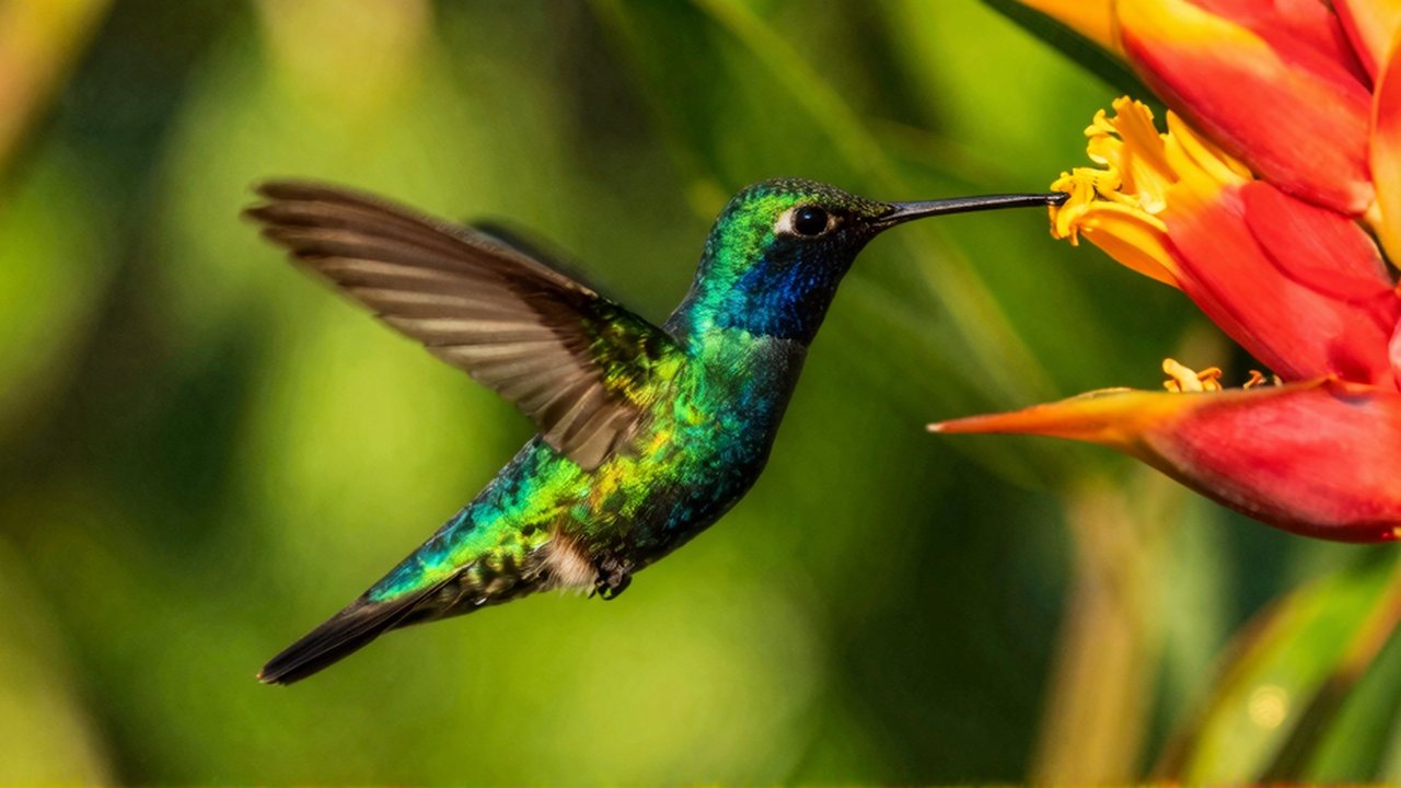 Colibrí de plumas esmeralda y zafiro revolotea frente a una flor tropical en un jardín.