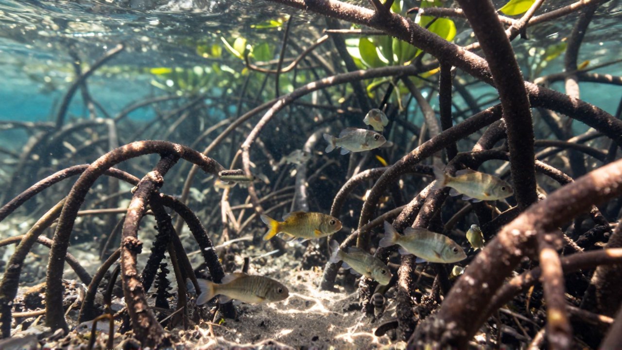 Pequeños peces nadan entre las raíces sumergidas de un manglar en aguas costeras claras.