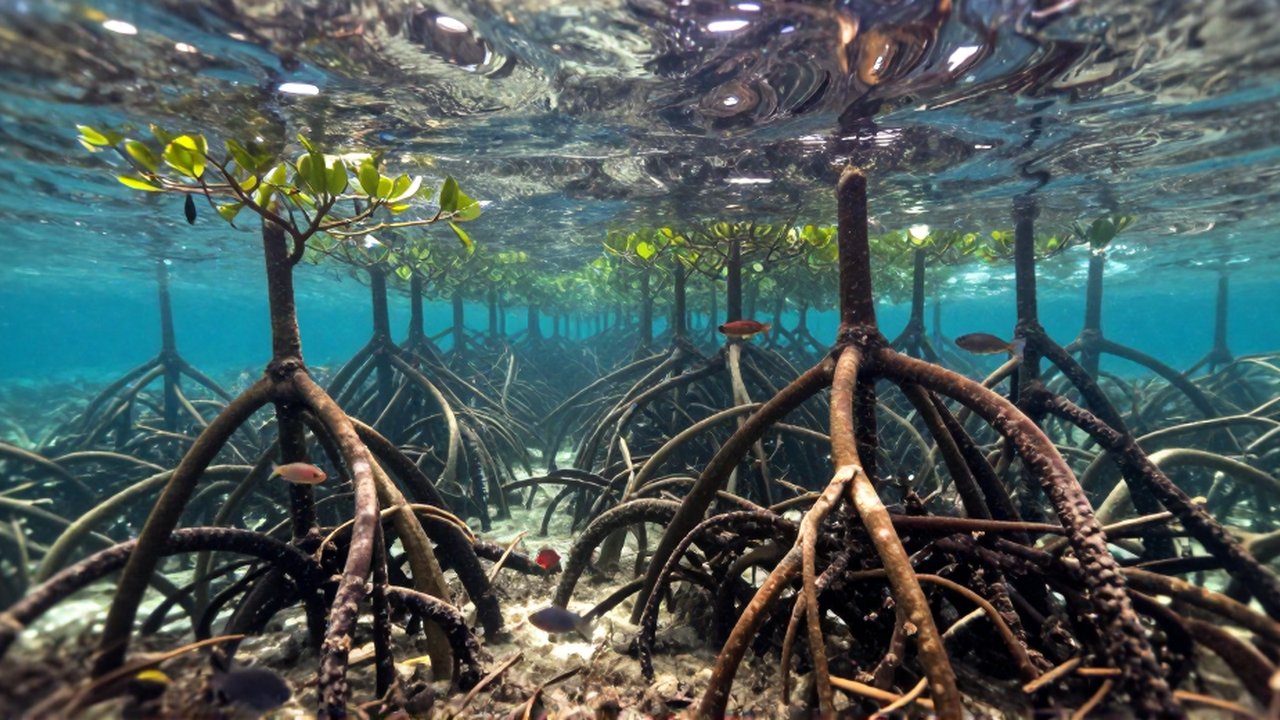 Peces pequeños nadan entre las raíces enredadas de un manglar bajo el agua clara.