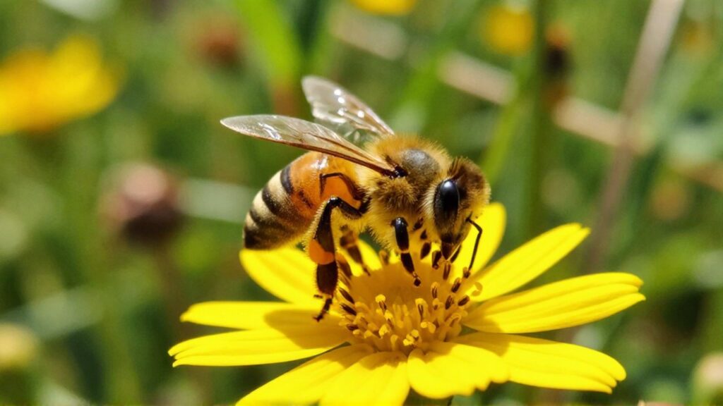 Una abeja con granos de polen amarillos en su cuerpo poliniza una flor silvestre.