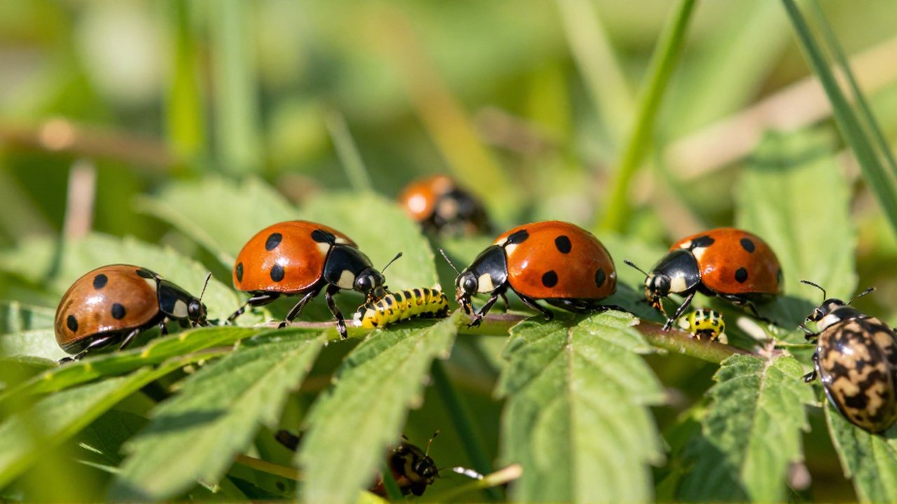 Una mariquita y una pequeña oruga se alimentan de las hojas verdes de una planta.