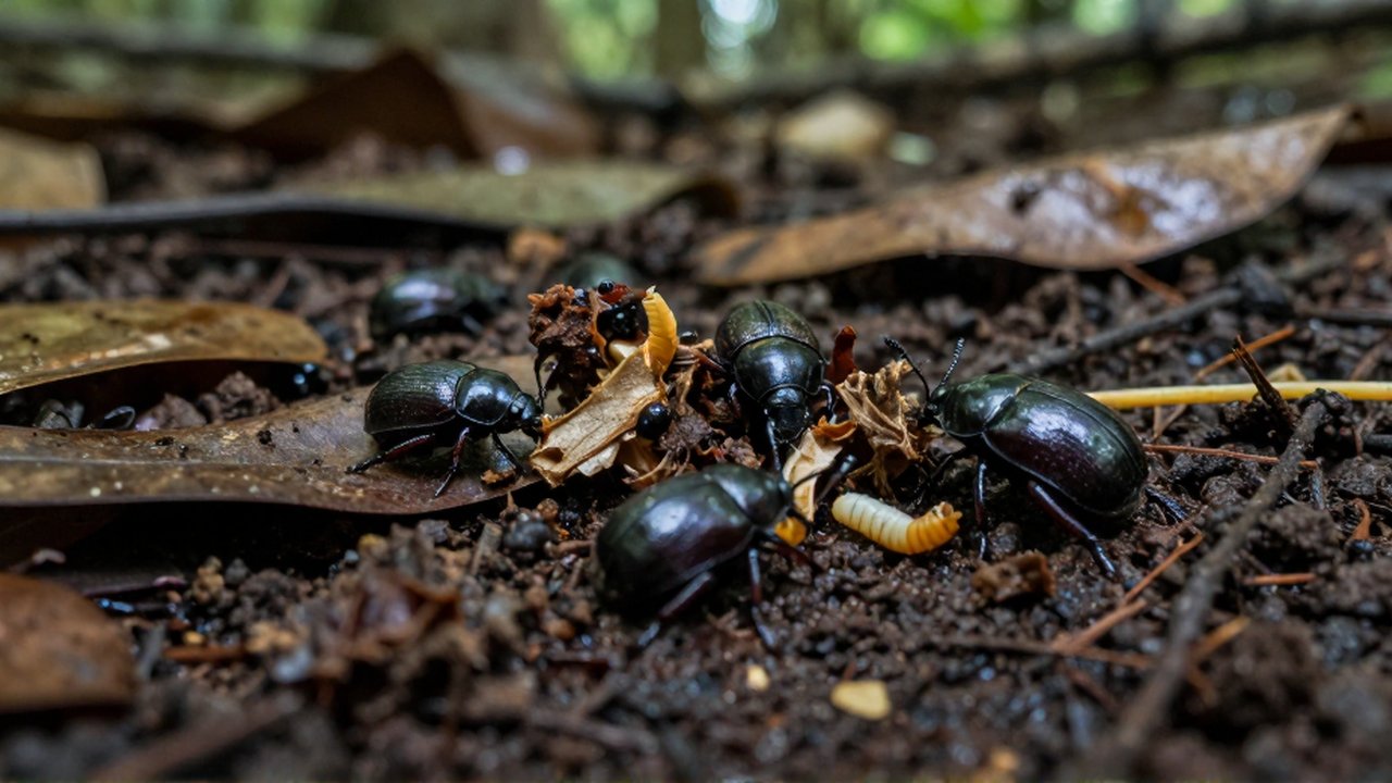 Escarabajos peloteros y pequeñas larvas se desplazan entre materia orgánica y hojas húmedas en el suelo del bosque.