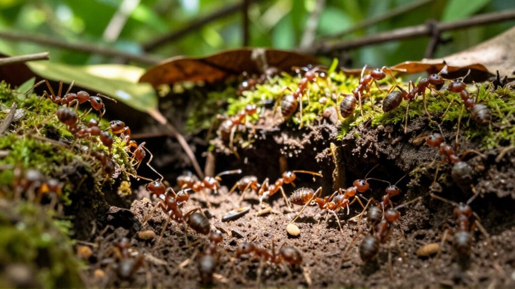 Hormigas cargan materia orgánica y transitan por túneles de tierra en un montículo cubierto de musgo.