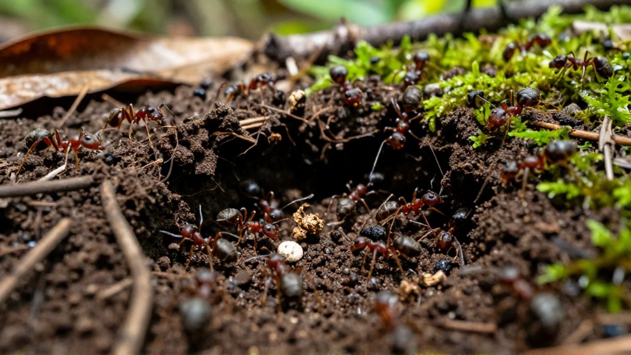 Diversas especies de hormigas excavan túneles y transportan restos orgánicos entre la tierra húmeda y raíces.