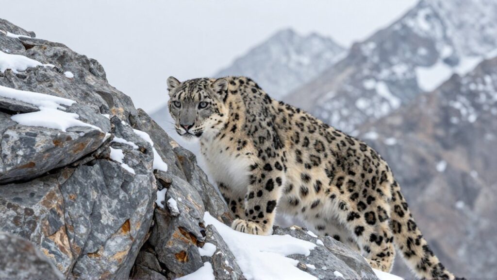 Un leopardo de las nieves acecha agazapado entre rocas de granito cubiertas de escarcha.