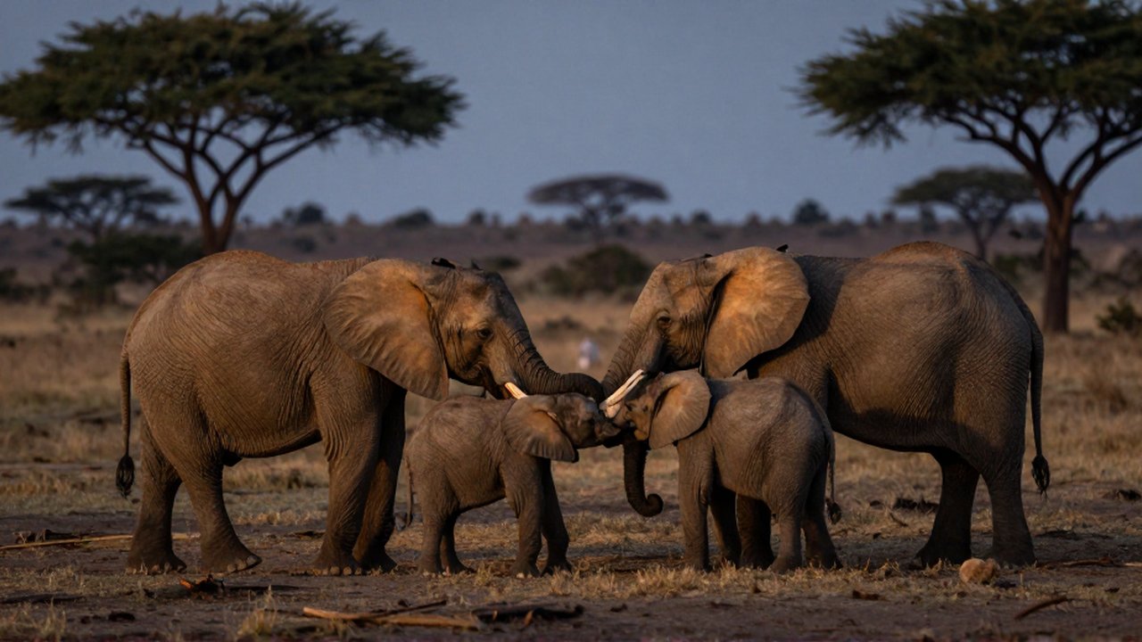 Crías de elefantes africanos juegan y se tocan con las trompas en una sabana al atardecer.