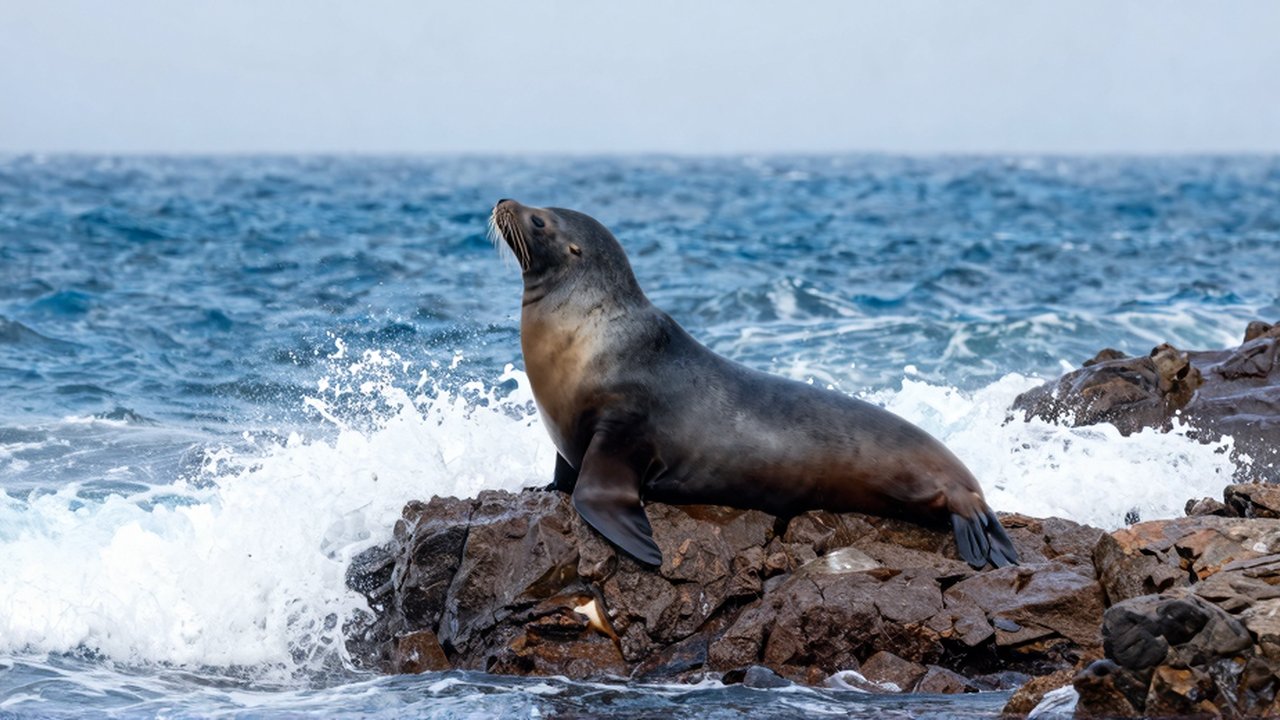Un león marino musculoso descansa sobre una formación rocosa junto al mar neblinoso.