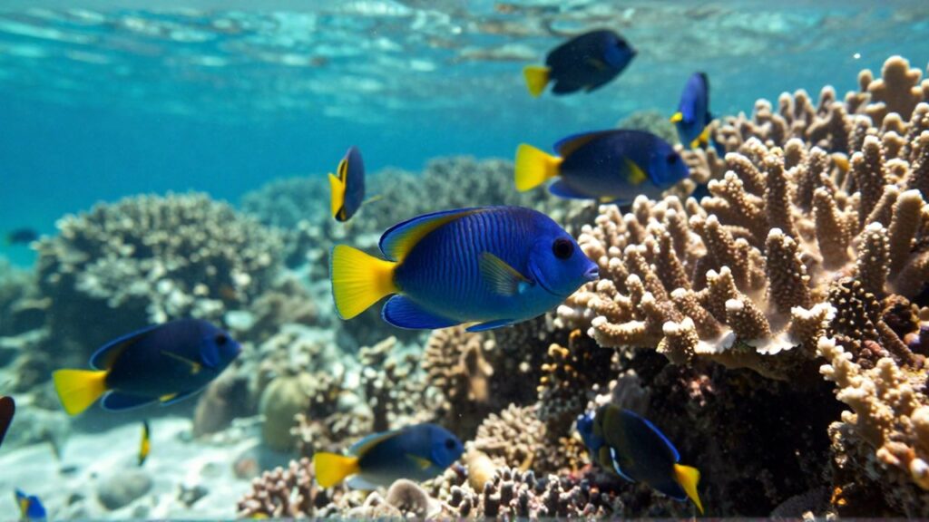 Cardúmenes de peces tropicales de colores nadan entre formaciones de coral bajo la luz solar filtrada.