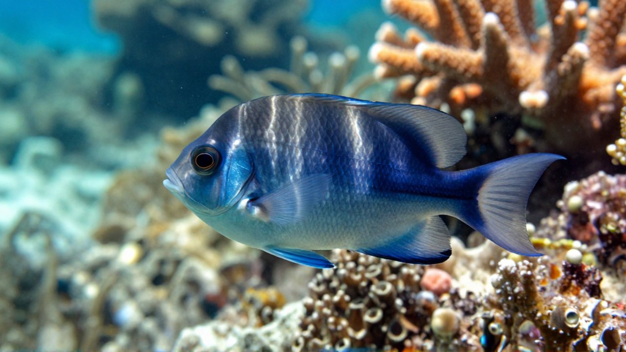 Un pez damisela de colores brillantes nada cerca de un arrecife de coral con texturas detalladas.