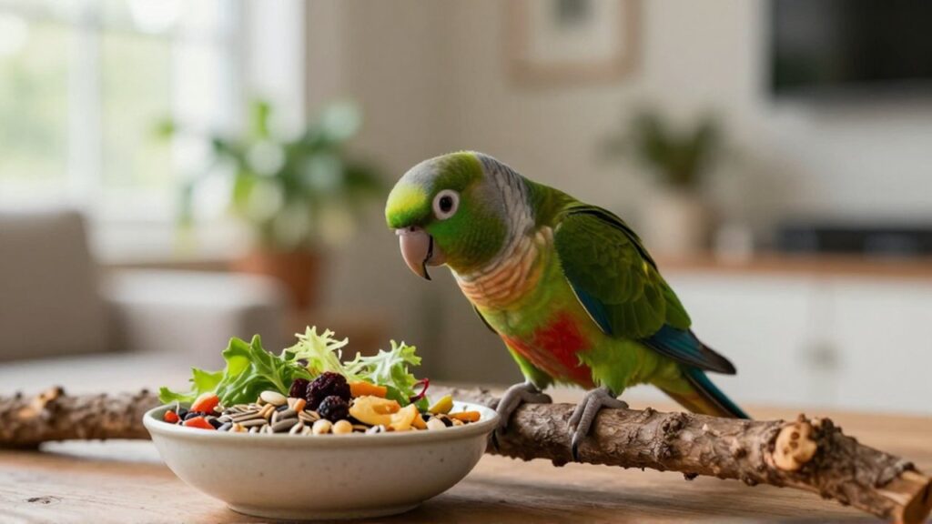 Un loro colorido posado en una rama de madera observa un cuenco con semillas y vegetales.