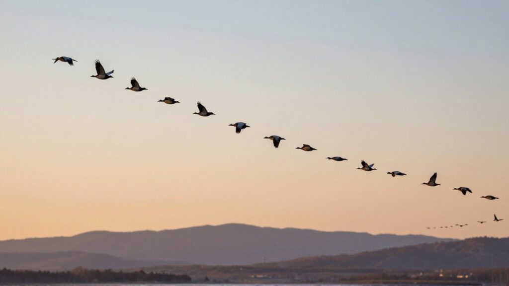 Una bandada de aves migratorias vuela en formación de V sobre un paisaje de montañas y un lago.