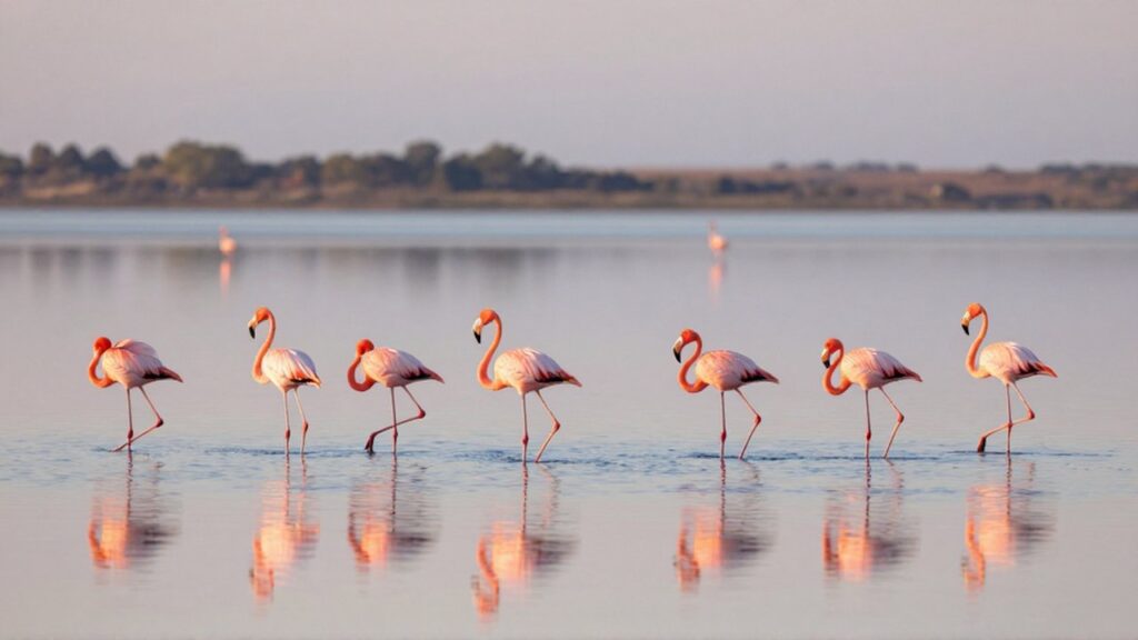 Flamencos de color rosa caminan por las aguas poco profundas de un lago salado al amanecer.