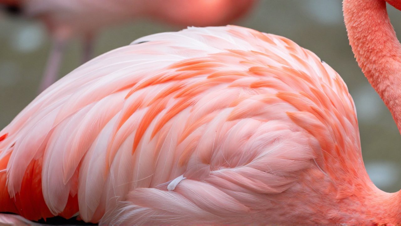Primer plano de las plumas rosadas y texturizadas del cuello y el ala de un flamenco.