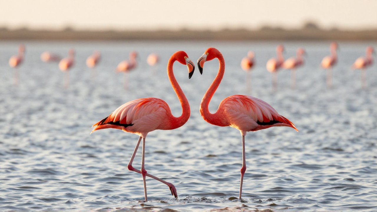 Dos flamencos de color rosa intenso realizan un baile sincronizado en una laguna poco profunda.