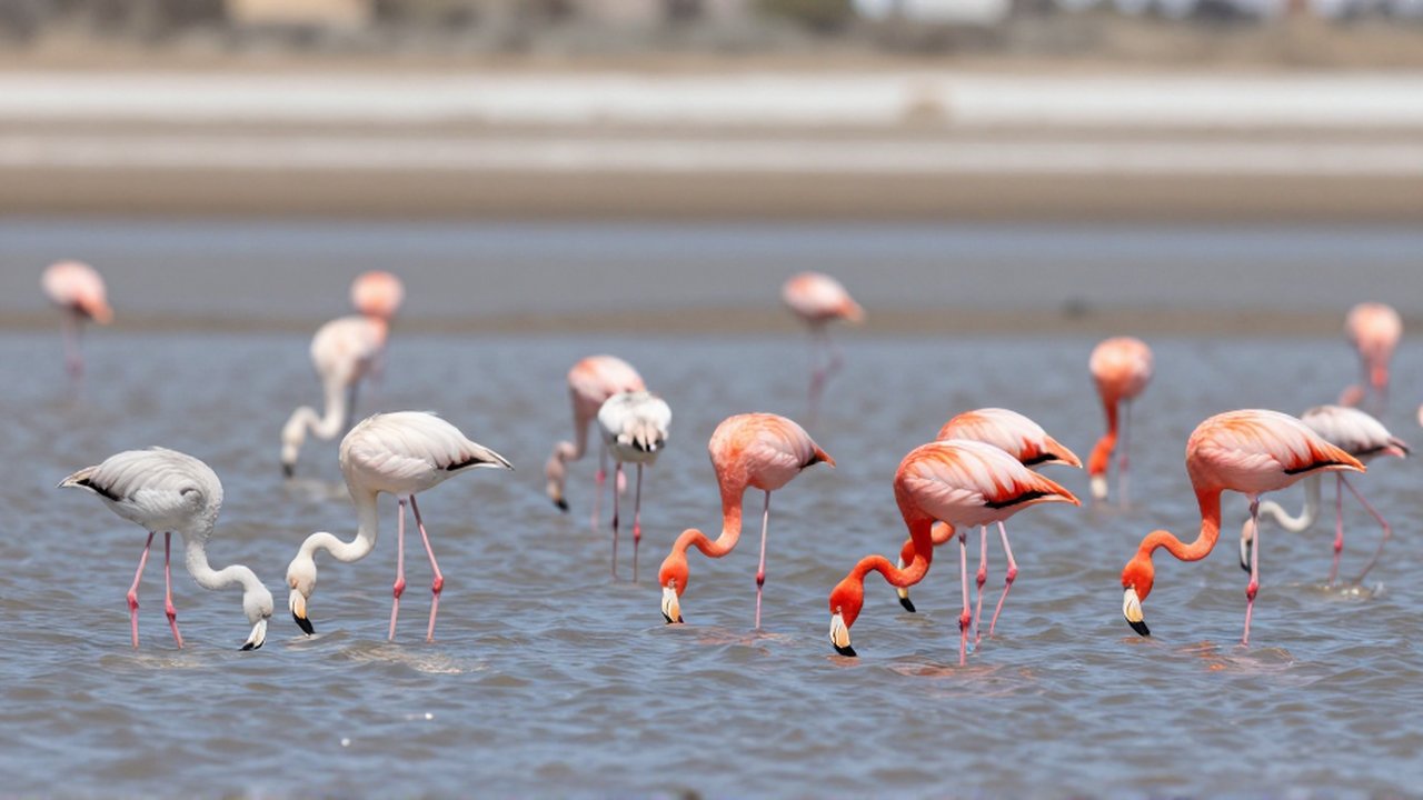 Flamencos de distintos tonos rosados y grises caminan buscando alimento en una laguna costera poco profunda.