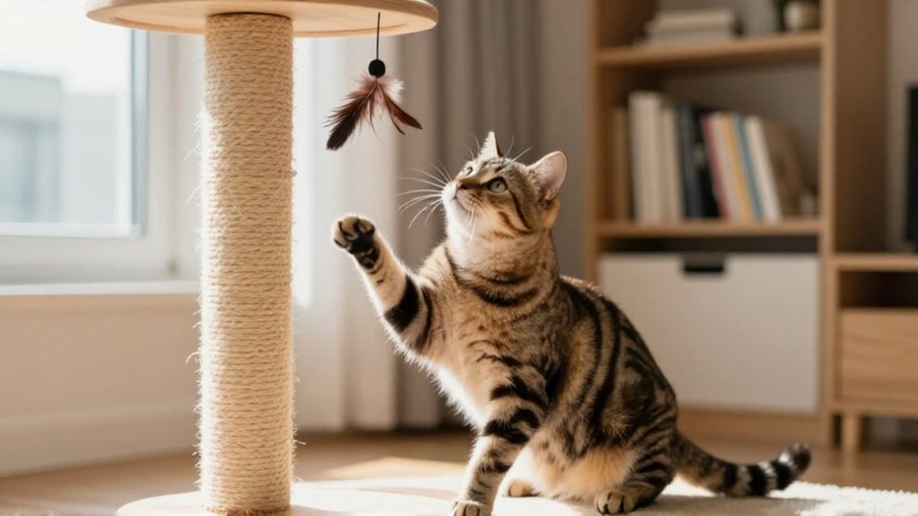 Un gato atigrado salta para jugar con un juguete de plumas colgado de un rascador.