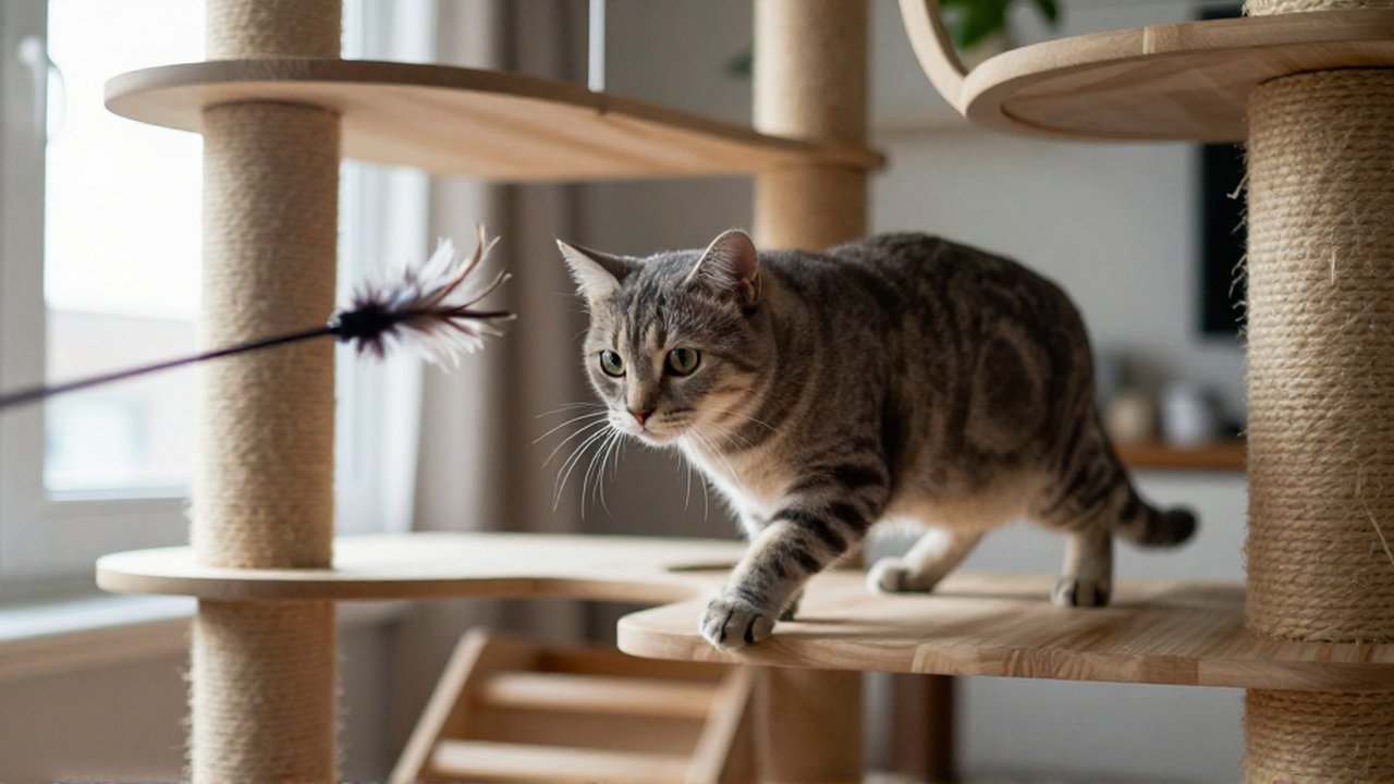 Un gato agazapado acecha un juguete con plumas entre repisas y estructuras de madera.