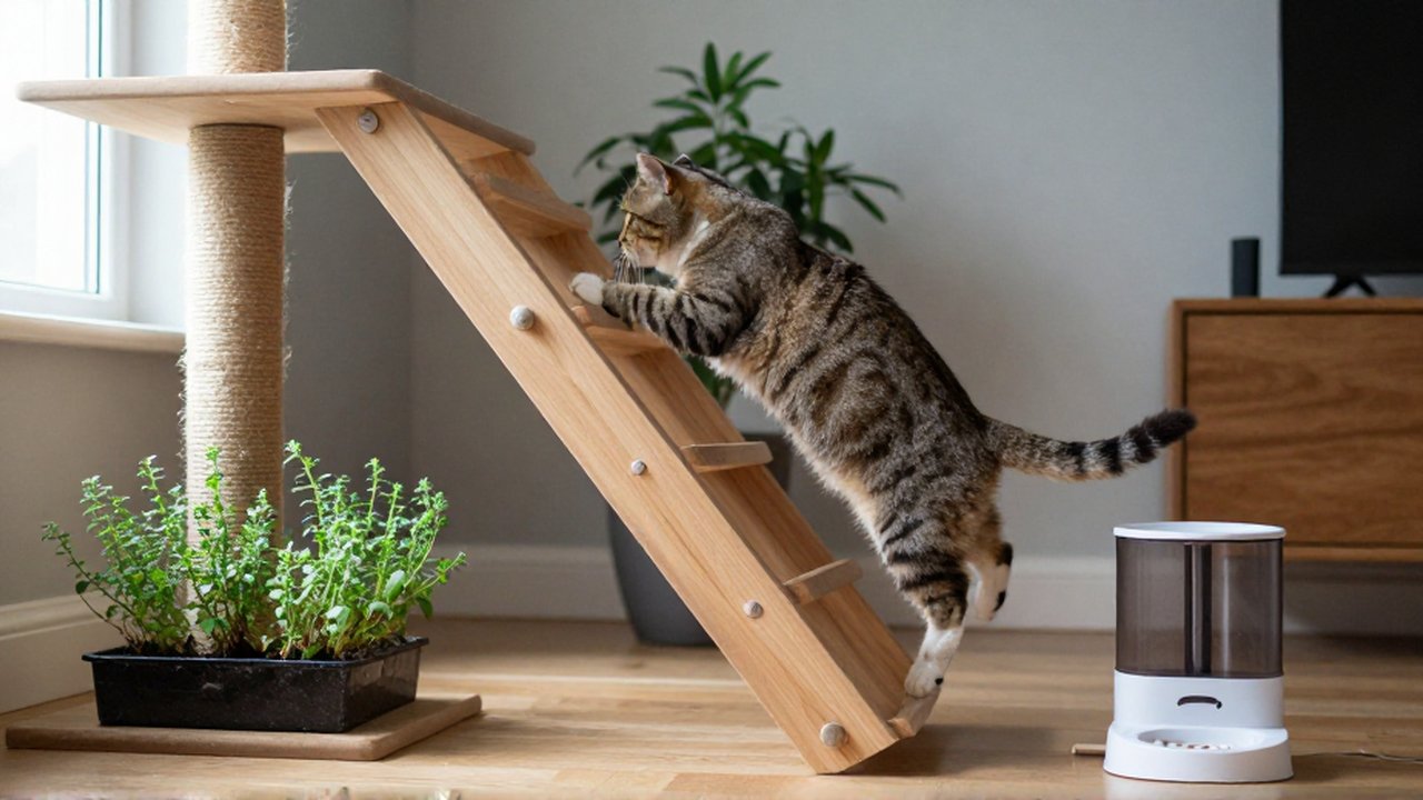Un gato salta entre un árbol de madera y un estante en una sala luminosa.