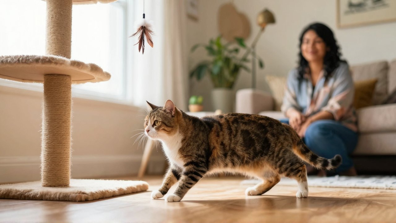 Un gato juega en una sala iluminada mientras una persona lo observa al fondo.