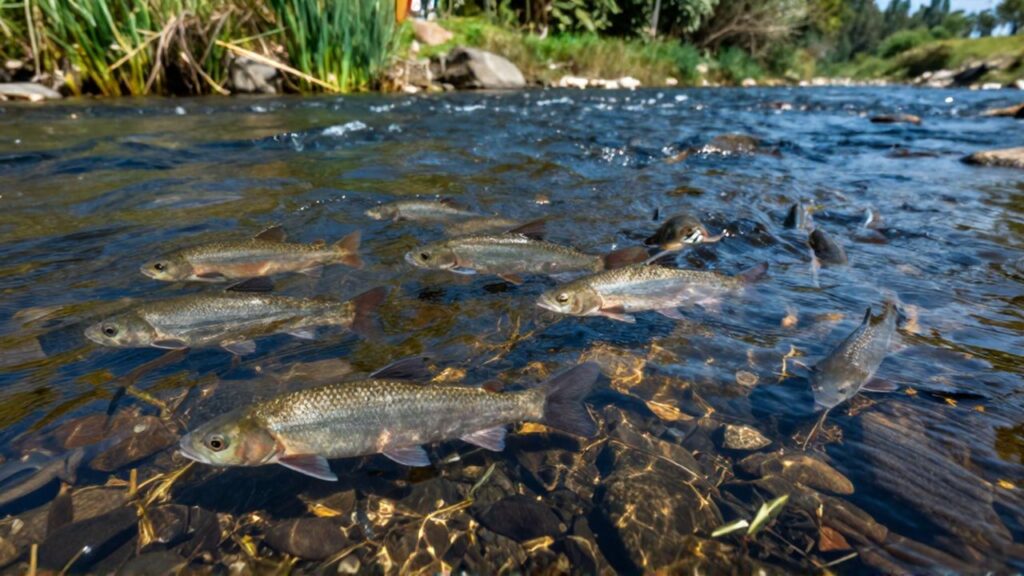 Banco de peces de río nada corriente arriba entre piedras y vegetación acuática.