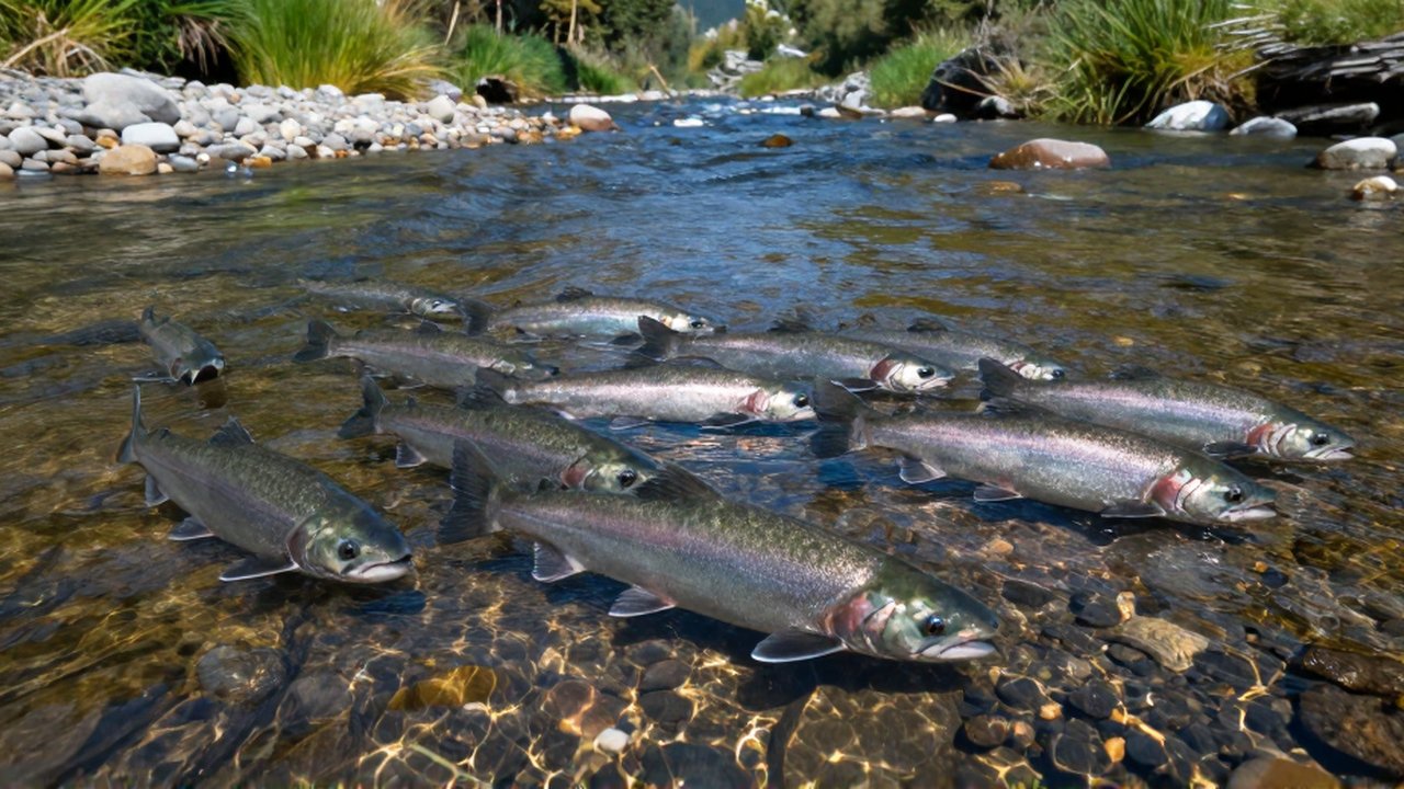 Un banco de salmones nada río arriba entre piedras y plantas acuáticas bajo el agua.