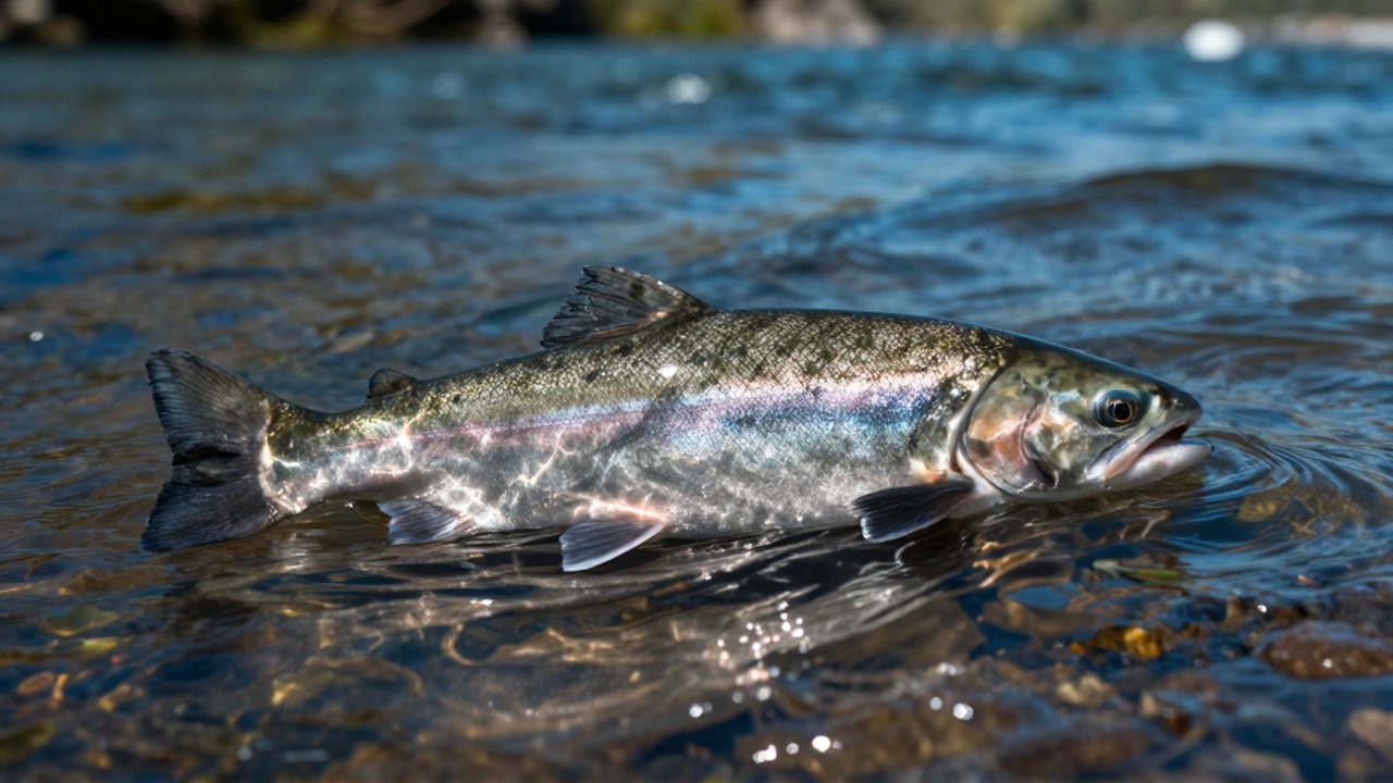 Primer plano de un salmón nadando entre corrientes de agua en un estuario.