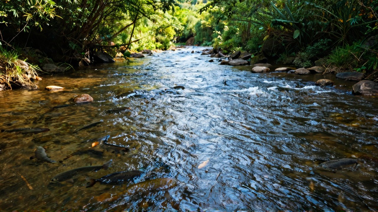 Peces migratorios nadan río arriba a través de las corrientes claras de un río natural.