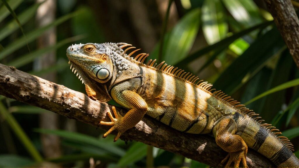 Una iguana verde descansa sobre una rama de madera bajo la luz del sol entre el follaje.