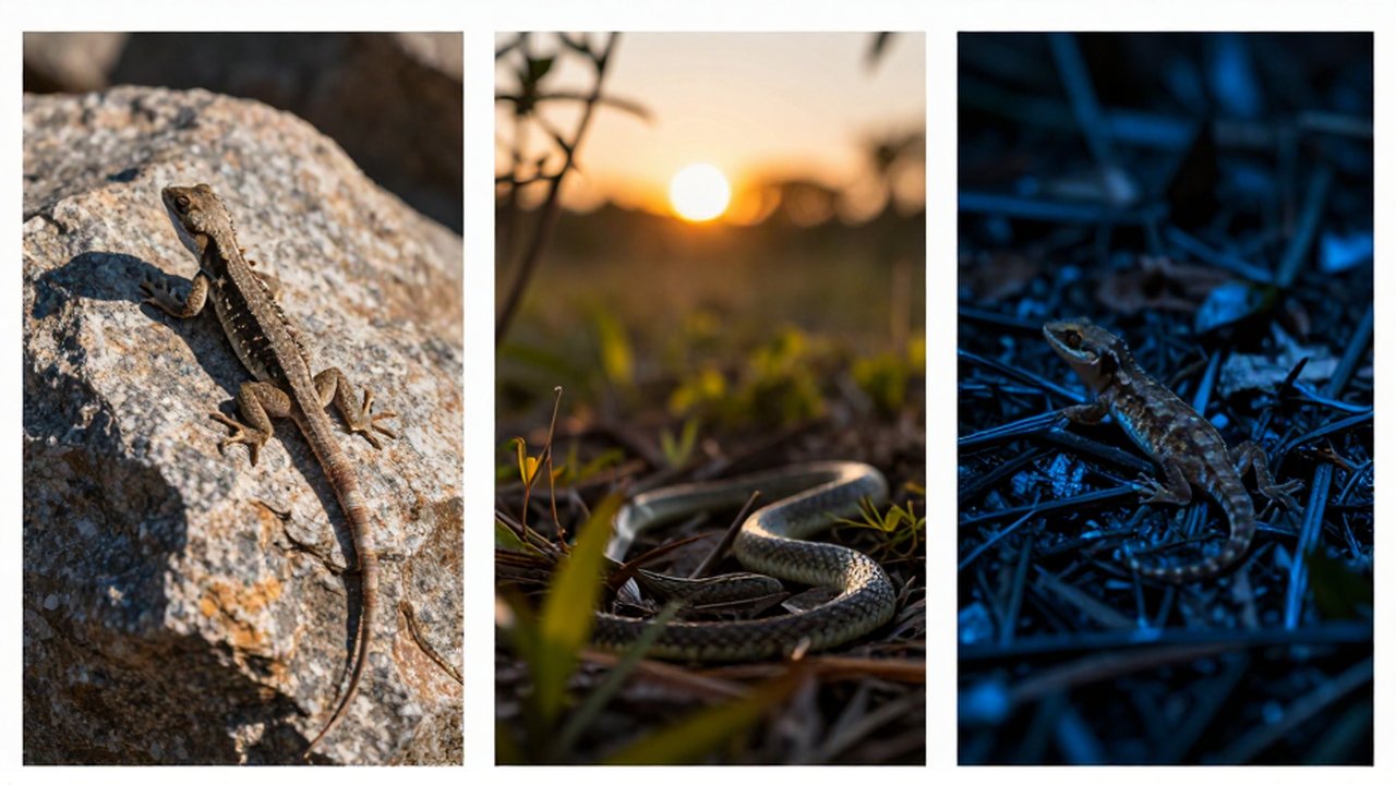 Tríptico que muestra un lagarto al sol, una serpiente al atardecer y un gecko en la noche.