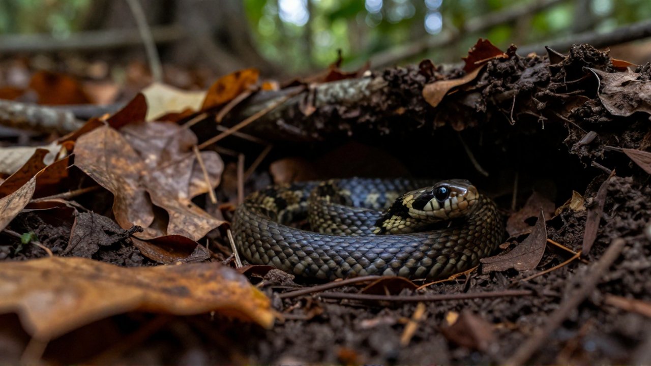 Una culebra de liga se encuentra enroscada bajo hojas secas y tierra en el suelo de un bosque.